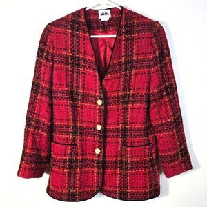 Vintage Leslie Fay Blazer Women's 8 Red Plaid Boucle Gold Button Classic Festive